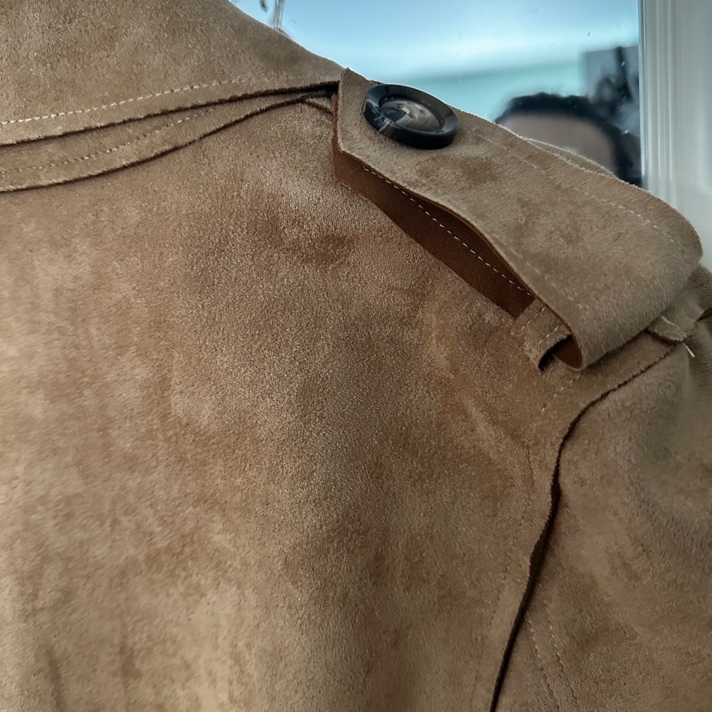 Women's Camel Faux Suede Belted Trench Coat Waterfall Collar - Picture 8 of 8